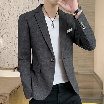 HOO 2023 erkek Slim Fit Yakışıklı Rahat Ekose Takım Elbise Ceket Gençlik Moda Yakışıklı blazer
