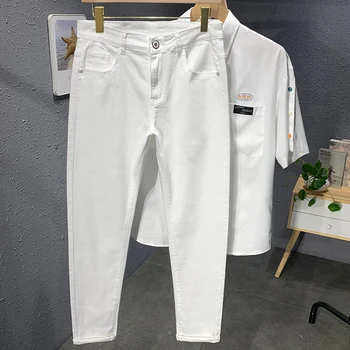 Ilkbahar Sonbahar Yeni erkek Kot Beyaz Siyah Moda Rahat Elastik pamuklu pantolon Düz Slim Fit Streetwear Kot pantolon Erkek