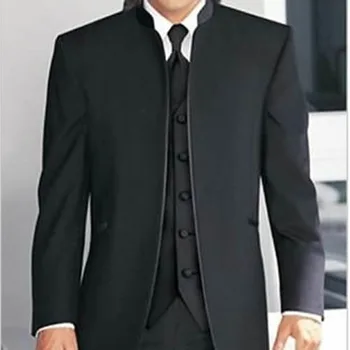 Ismarlama erkek ISMARLAMA takım elbise,siyah Madarin Yaka damatlar erkekler smokin yelek(Ceket+Pantolon+Yelek)