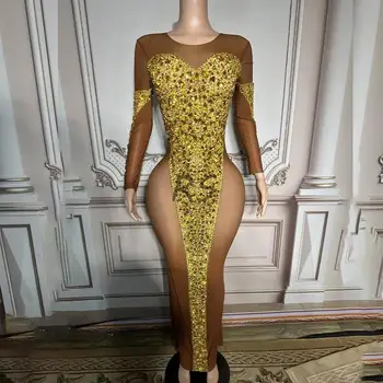 Işıltılı Altın Rhinestones şeffaf uzun kollu elbise akşam Doğum Günü See Through