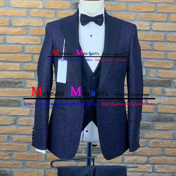 İş erkek Takım Elbise Slim Fit Damat Blazer Düğün Smokin Custom Made Siyah Yaka Glitter 3 Parça Setleri (Ceket+Yelek+ Pantolon) 2022