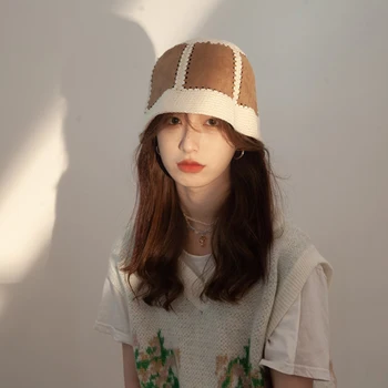 Japon El dokuması Kova Şapka Erkekler için İçi Boş Zincir Bağlantı Yün Kapaklar Süet Dikiş Örme Kazık Kap Moda kadın Şapka