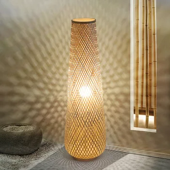 Japon tarzı zemin lambası bambu örgü ahşap silindir çay odası salonu yatak odası zemin ışıkları garip ışık E27 LED 110-220V