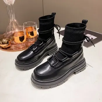 Kadın Ayakkabı Sonbahar Kış bileğe kadar bot Yuvarlak Ayak 2024 Kauçuk Bayanlar Katı Slip-on Patik Lace Up siyah Orta Buzağı Çizmeler Boyutu 35-40