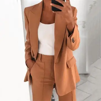 Kadın Blazer Popüler Düz Renk Yatak Açma Yaka Takım Elbise Ceket Dış Giyim Ceket Uzun Kollu Sahte Cepler Blazer İş için