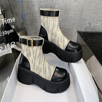 Kadın Denim Chelsea Çizmeler 8 CM platform ayakkabılar Sonbahar Kış Puck Tasarımcı Takozlar yarım çizmeler rahat ayakkabılar Goth Motosiklet Botas