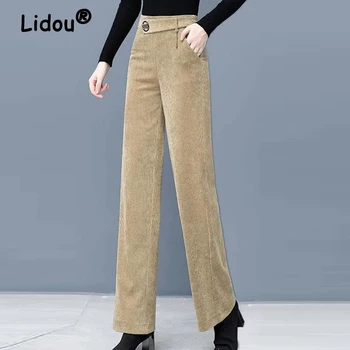 Kadın giyim Vintage Kadife Ofis Bayan Düz Geniş Bacak Pantolon Katı Yüksek Bel Zarif Pantolon Sonbahar Kış Pantalones