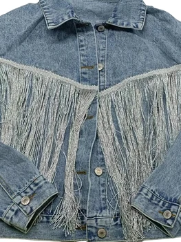 Kadın Kırpma Jean Ceket Casual Düğme aşağı Ripped Denim Ceket ile Rhinestone Püskül Güz Dış Giyim
