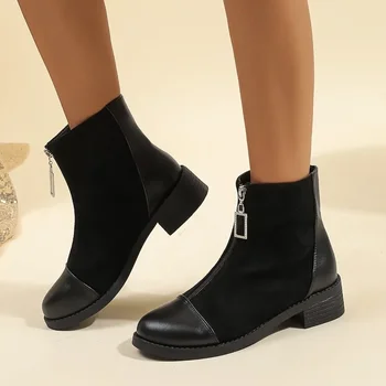 Kadınlar için Ayakkabı 2023 Sıcak Satış Ön Fermuar bayan Botları Kış Sivri Burun Katı Orta Tüp Tıknaz Topuk Moda Çizmeler Zapatos