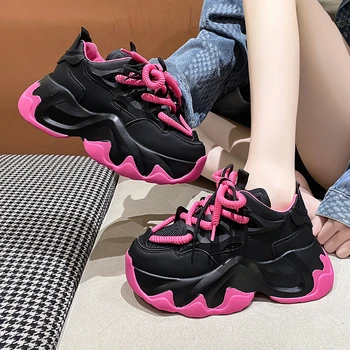 Kadınlar Yüksek Platform Sneakers 2023 Yeni Sonbahar Nefes Tıknaz Baba rahat ayakkabılar 7CM Kalın Taban Eğitmenler deri sneakers Kadın