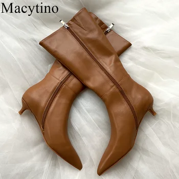 Kahverengi Alçak topuklu Çizmeler 3CM Topuk Yan Fermuar Çizmeler Sivri Stiletto Avrupa ve Amerikan bayan botları