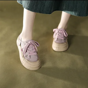 Kapalı Beyaz kadın ayakkabısı Yüksek Platform Kanvas Lace Up Pembe Teklif Yeni Varış 2023 Kore Ücretsiz Kargo ile Bir Kadın Ayakkabısı
