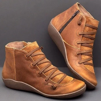Kar Botları Kadın Kış Hakiki Deri Ayak Bileği Bahar düz ayakkabı Kadın Kısa Vintage Çizmeler Kürk 2023 Kadınlar için Lace Up Çizmeler