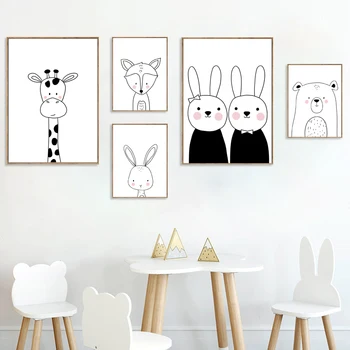 Karikatür Zürafa Tavşan Ayı Tilki İskandinav Posterler Ve Baskılar Kreş duvar sanatı tuval yağlıboya Duvar Resimleri Bebek Çocuk Odası Dekor