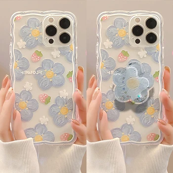 Kore Kavrama Kılıfları Soket şeffaf iPhone Kılıfı İçin 15 14 Artı 12 11 Xs X Kapak iphone 13 Pro Max Mavi Çiçek Kavrama Konuşma