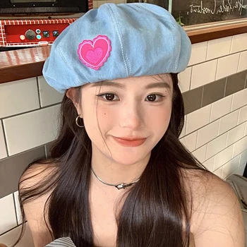 Kore Sevimli Aşk Kalp Kovboy Yama Bere Şapka Kadınlar için Bahar Yaz Kabak Ressam Kapaklar Japon Tatlı Prenses Bere Şapka