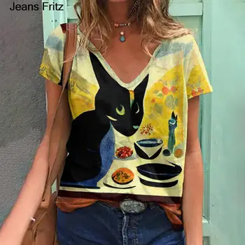 Kot Fritz Kadın T-shirt Sevimli Kedi Komik Karikatür T-shirt Harajuku Grafik Ulzzang T-shirt Baskı T-shirt Moda Üst Tee Kadın
