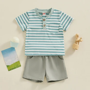 Kupretty Toddler Erkek Bebek Yaz giysileri Retro Şerit Kısa Kollu T-Shirt Şort 3 6 9 12 18 24 Ay 2 T Giyim Seti