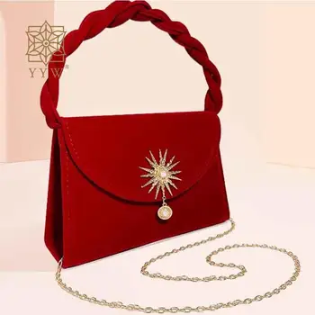 Kırmızı Kadife Debriyaj Çanta Vintage Kadınlar Altın Gerbera İnci el çantası Bayan Yumuşak Üst Kolu Zarif Parti Akşam Elbise Çanta Çanta