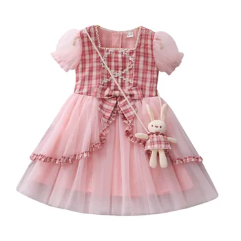 Kız Elbise 2023 Yaz Yeni Prenses İspanyol Lolita Elbise Diz boyu A-line Fener Kollu Kare Yaka Elbise Tavşan Bebek