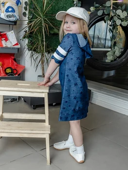 Kız elbise mavi denim yıldız seti kız kapşonlu kısa kollu uzun kollu elbiseler çocuk kapşonlu aplike harfler 2 - 6T aile kıyafeti