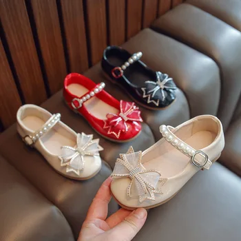 Kızlar Mary Jane Ayakkabı için Parti Düğün Çocuk Yay İnciler Sığ deri ayakkabı Zarif Çocuklar Taklidi Prenses Ayakkabı Yumuşak
