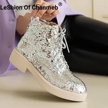 LeShıon Of Chanmeb Gümüş Bling Bling yarım çizmeler Altın Payetli Blok Topuklu bağcıklı ayakkabı Yeşil Glitter Fermuar ayakkabı Kadın Parti