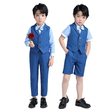 LOlanta 5 Adet Erkek Mavi resmi kıyafet Çocuklar Kısa / Uzun Kollu Gömlek Çocuk Beyefendi Düğün Doğum Günü Partisi Dresswear