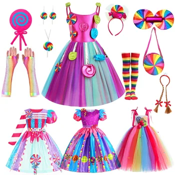 Lolipop Kostüm Peri Cadılar Bayramı Şeker Rol Oynamak Giyinmek Çocuk Karnaval Purim Prenses Kız Parti Elbiseler Sevimli Vestidos Gökkuşağı
