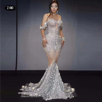 lüks Gümüş Pullu Rhinestones uzun elbise Kadınlar Mermaid Doğum Günü Balo dans elbiseleri Sahne düğün Akşam Performans Kostüm