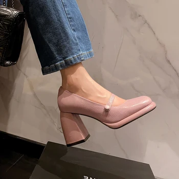 Lüks Moda Hakiki Deri Kadın Tek Ayakkabı Mary Janes Sığ Koyun Derisi Tıknaz Topuklu El Yapımı Ayakkabı Bayan Yüksek Topuklu Pompalar