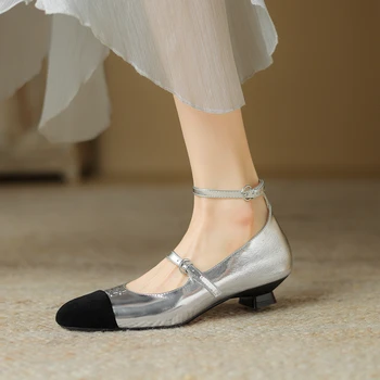 Marka Tasarım Karışık Renk Ayak Bileği Kayışı Toka Mary Jane Ayakkabı Kadın Hakiki Deri 3 cm Topuklu Gümüş Bayanlar Parti Pompaları Büyük boy