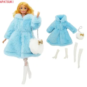 Mavi Faux Kürk Ceket Elbise Seti barbie bebek Yüksek Kaliteli Kıyafetler Çorap Çizmeler Çanta Ayakkabı Barbie 1/6 Bebek Aksesuarları Oyuncaklar