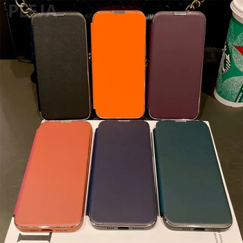 Moda Deri Flip Telefon Kılıfı İçin iPhone 14 13 12 Pro Max 14 Pro Sevimli Düz Renk Silikon Kapak Tam Kapsama Koruyucu Funda