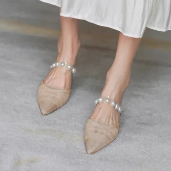 Moda Yeni Rhinestone Sivri Burun Tıknaz Topuk kadın ayakkabısı İnci Zarif Sığ Ağız Nefes Aşınmaya dayanıklı Terlik