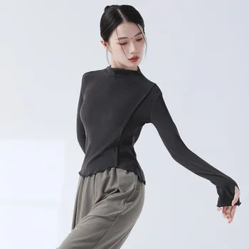 Modern Dans Uygulama Giyim Örme Yüksek Boyun Parmak Kollu Düz Renk Üstleri Geleneksel Çin Giyim Kadın Sahne Kostüm
