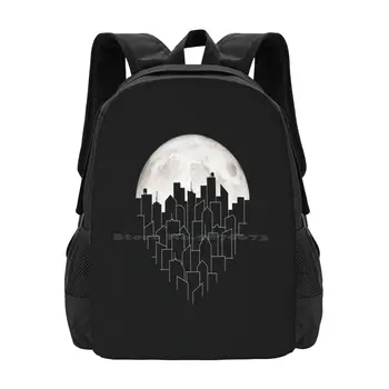 Moonrise 3D Baskı Tasarım Sırt Çantası okul çantası Şehir Manzarası Hatları Siyah Beyaz Manzara Ay Yükselişi Gece