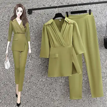 Ofis Bayan Zarif İş Eşleşen Setleri İlkbahar Yaz Kore Kadın Üstleri Pantolon İki Parçalı Set 2023 Yeni Yeşil Ceket Pantolon Kıyafetler