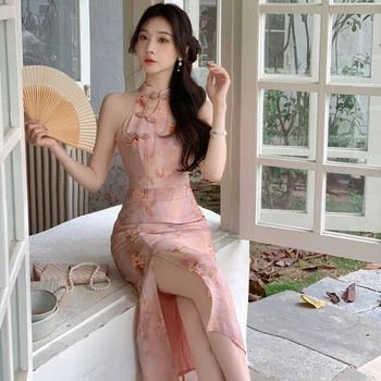 Pembe Çiçek Baskı Qipao Seksi Halter Cheongsam Kadınlar Yeni Çin Tarzı Elbise Geliştirilmiş Ince Vestidos Uzun Yaz Elbiseler