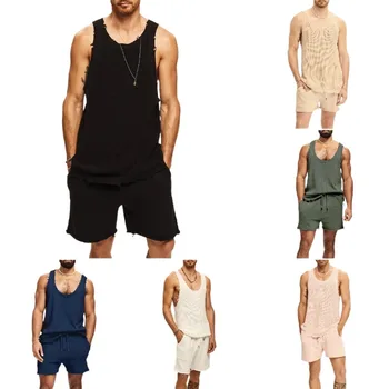 Rahat 2 ADET Setleri Örme Yeni 2023 erkek Moda Tankı Üstleri ve Şort Setleri Yaz Erkek İki Parçalı Set Streetwear Giyim Erkek Setleri