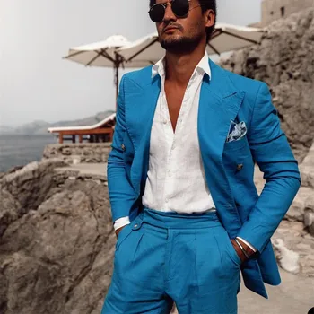 Rahat Mavi Erkek Takım Elbise Doruğa Yaka Blazer Cep Smokin 2 Parça Ceket + Pantolon Moda Yakışıklı Parti Balo Takım Elbise Setleri Custom Made