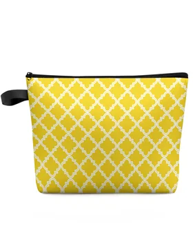 Sarı Fas Geometrik Çekler Makyaj Çantası Kılıfı Seyahat Essentials Kadın Kozmetik Çantaları Tuvalet Organizatör Depolama Kalem Kutusu