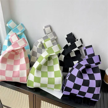 Satranç tahtası Çanta Renk Şerit Tote Çanta Geometri Çanta Örme Kumaş Kadın Çanta Dama Tasarım Eko Moda Alışveriş Çantası