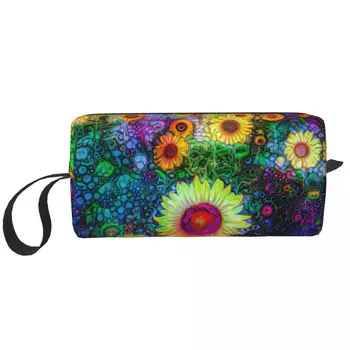 Sevimli Renkli Ayçiçeği Seyahat makyaj çantası Kadın Çiçek Çiçek Makyaj Kozmetik Çantası Güzellik Depolama Dopp Kiti