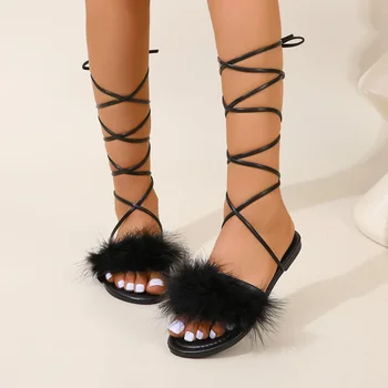 Siyah Düz Sandalet Kadın Ayakkabı Moda Dış Giyim Kürklü Wrap Sapanlar Kadın Sandalet Seksi Burnu açık Roma Sandalet Kadınlar için
