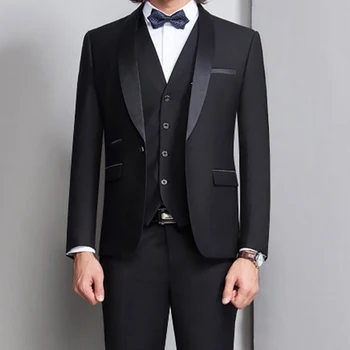 Siyah Erkek Takım Elbise Blazer Şal Yaka Tek Göğüslü Üç Parçalı Resmi Düğün Terno Kostüm Ceket Pantolon Yelek Slim Fit 2023
