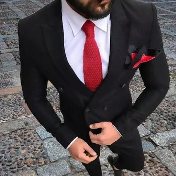 Siyah Kruvaze Erkek Takım Elbise 2 Adet Erkek Smokin Parti Balo İtalyan Şık Düğün Erkek Takım Elbise (Ceket + Pantolon + Kravat)