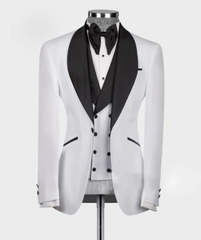 Siyah Saten Yaka Erkek Takım Elbise Zarif Slim Fit İş Elbisesi Resmi 3 Adet Parti Beyaz Düğün Damat Smokin erkek Takım Elbise Seti