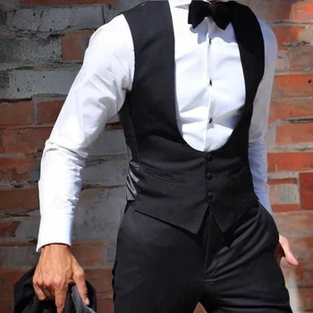 Siyah Takım Elbise Yelek Erkekler için Düğün Damat Smokin Tek Parça Slim Fit Yelek Düz Renk Erkek Moda Ceket 2023 Stokta