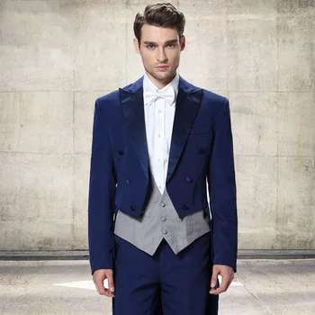 Smokin Zarif Resmi Erkek Takım Elbise Blazer Mavi Kruvaze Doruğa Yaka Üç Parçalı Ceket Pantolon Yelek Düğün Hombres Kostüm